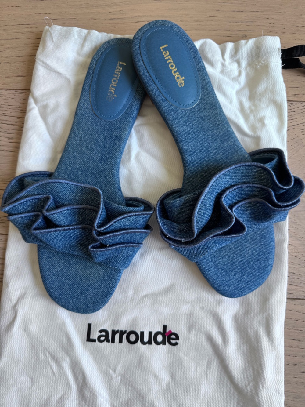 Larroudé Ivy Ruffle Flat Mule Sandal In Blue Denim Size 8.5
